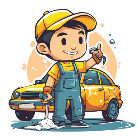 Illustration for Cute cartoon mechanic standing near his car and showing thumbs up. Vector illustration. - Royalty Free Image