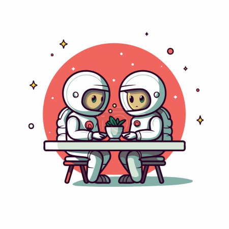 Illustration for Astronaut couple sitting at table and drinking coffee. Vector illustration. - Royalty Free Image