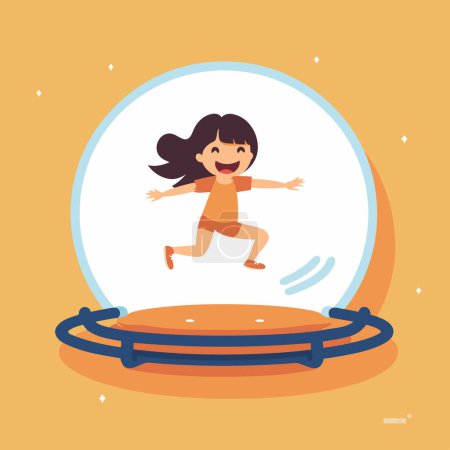 Téléchargez les illustrations : Jolie fille heureuse sautant sur le trampoline. Illustration vectorielle de style plat. - en licence libre de droit