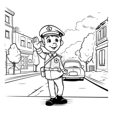 Téléchargez les illustrations : Dessin animé noir et blanc illustrant un policier ou un policier dans la rue pour un livre à colorier - en licence libre de droit
