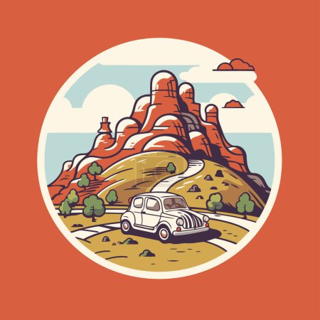 Car on the road in the mountains. Colorful vector illustration in retro style