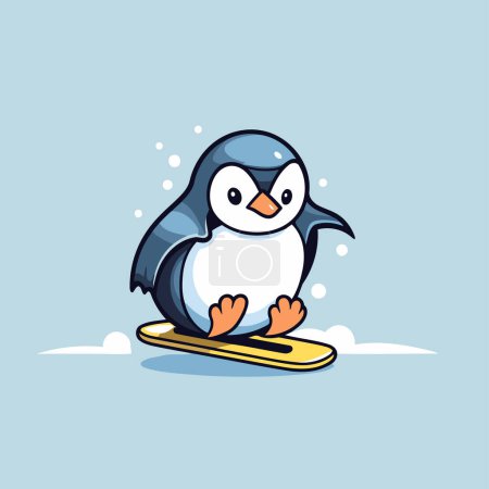 Téléchargez les illustrations : Mignon pingouin chevauchant un snowboard. Illustration vectorielle de dessin animé. - en licence libre de droit