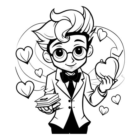 Illustration for Black and White Cartoon Illustration of a Man Holding a Cupcake with Hearts Around him - Royalty Free Image