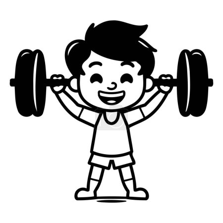 Illustration for Boy lifting a barbell - Black and White Cartoon Vector Illustration - Royalty Free Image