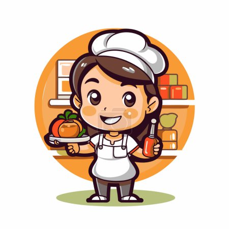 Téléchargez les illustrations : Cartoon chef fille personnage avec de la nourriture dans la cuisine illustration vectorielle. - en licence libre de droit