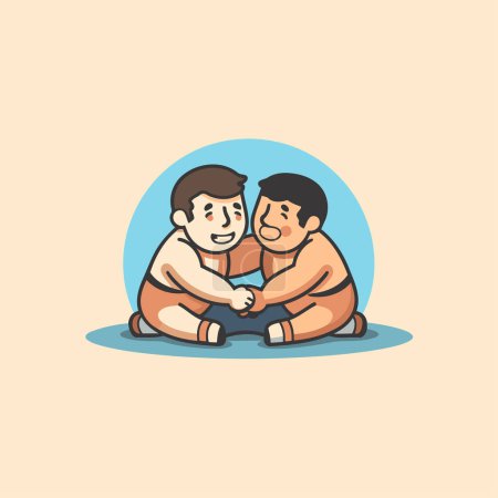 Illustration for Vector cartoon illustration of two boys sitting in a circle and hugging. - Royalty Free Image