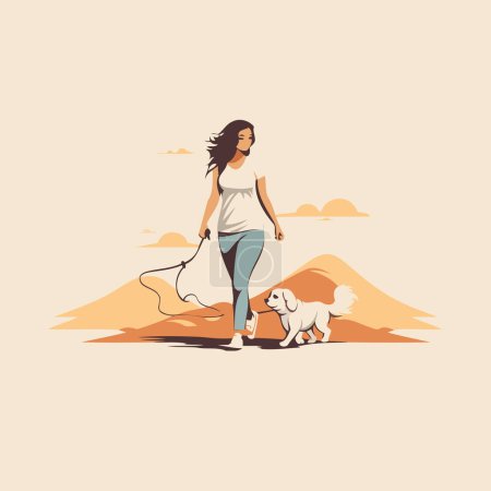 Téléchargez les illustrations : Jeune femme marchant avec son chien dans le désert. Illustration vectorielle. - en licence libre de droit