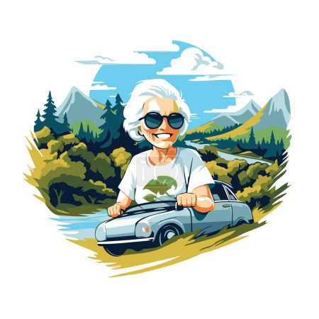 Ilustración de Una anciana conduciendo un auto en las montañas. Ilustración vectorial. - Imagen libre de derechos