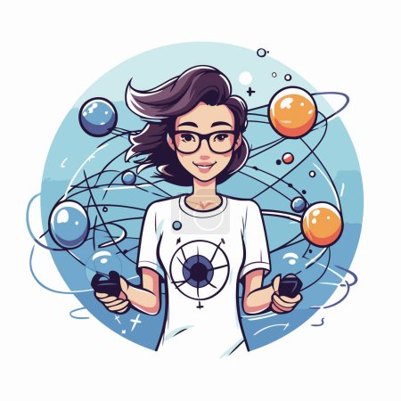Téléchargez les illustrations : Scientifique femme avec système solaire et planètes dessin animé vectoriel illustration conception graphique - en licence libre de droit