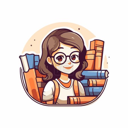 Illustration for Cute little girl in glasses with books. Vector illustration in cartoon style. - Royalty Free Image