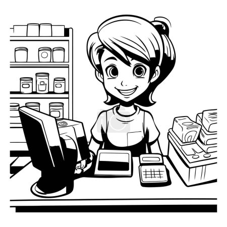 Illustration for Supermarket cashier woman. Black and white vector illustration for coloring book. - Royalty Free Image