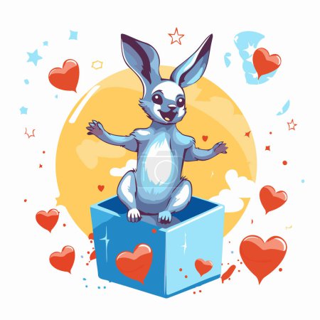 Téléchargez les illustrations : Mignon lapin dessin animé assis dans une boîte-cadeau avec des cœurs. Illustration vectorielle. - en licence libre de droit