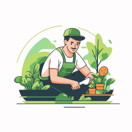 Ilustración de Concepto de jardinería. Hombre trabajando en el jardín. Ilustración vectorial - Imagen libre de derechos