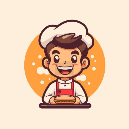 Téléchargez les illustrations : Chef garçon tenant un hamburger. Illustration vectorielle dans le style dessin animé - en licence libre de droit
