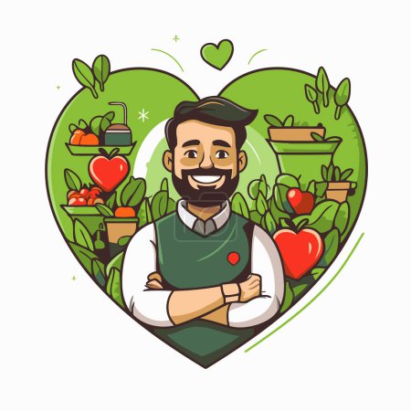 Téléchargez les illustrations : Illustration vectorielle d'un agriculteur en forme de cœur avec bras croisés. - en licence libre de droit