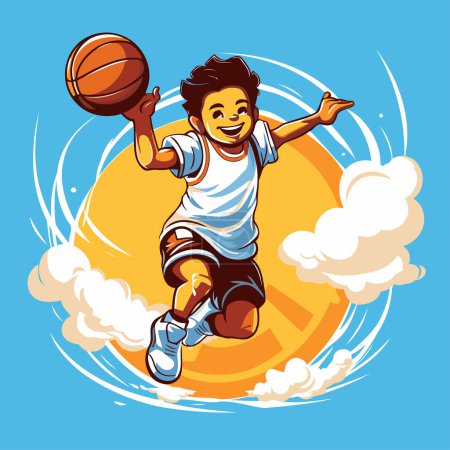 Illustration for Vector illustration of a boy playing basketball on a background of clouds. - Royalty Free Image