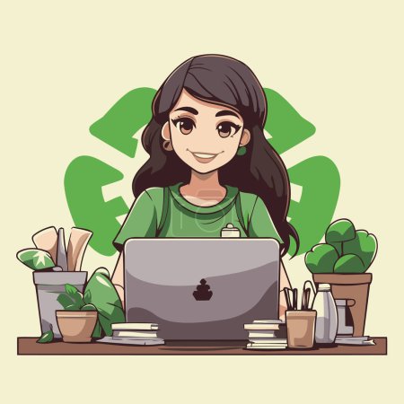 Téléchargez les illustrations : Femme avec ordinateur portable et plantes dans le bureau. Illustration vectorielle dans le style dessin animé. - en licence libre de droit