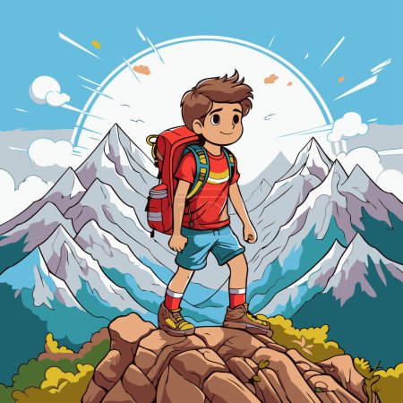 Téléchargez les illustrations : Illustration vectorielle d'un garçon marchant dans les montagnes. Cartoon style. - en licence libre de droit