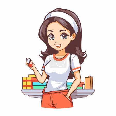 Smiling maid with tray of food. Vector illustration in cartoon style