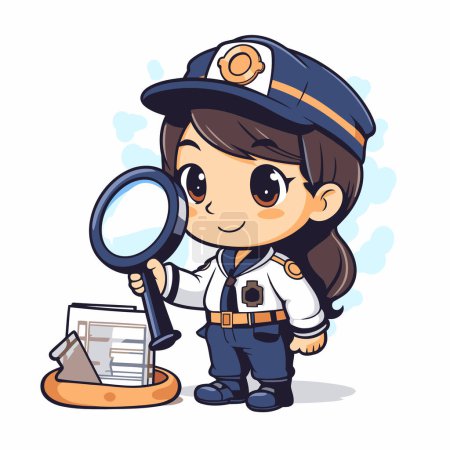 Illustration for Cute cartoon police detective girl with magnifying glass. Vector illustration. - Royalty Free Image
