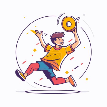 Illustration for Boy in sportswear jumping with a donut. Flat style vector illustration. - Royalty Free Image