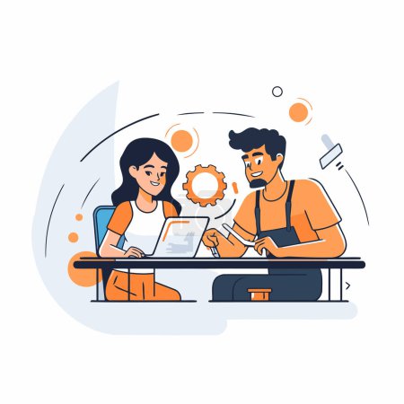 Téléchargez les illustrations : Homme et femme travaillant sur ordinateur portable. Concept de travail d'équipe. Illustration vectorielle en style plat - en licence libre de droit