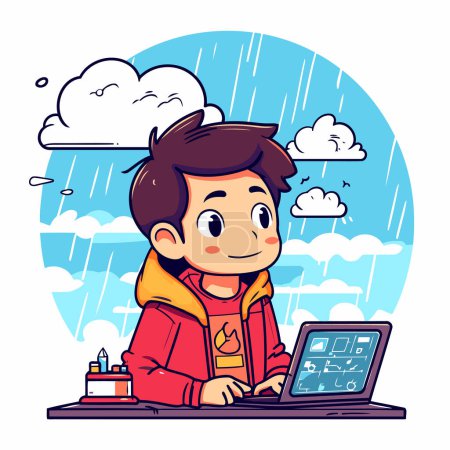 Illustration for Cute boy in raincoat using laptop. Vector illustration in cartoon style - Royalty Free Image