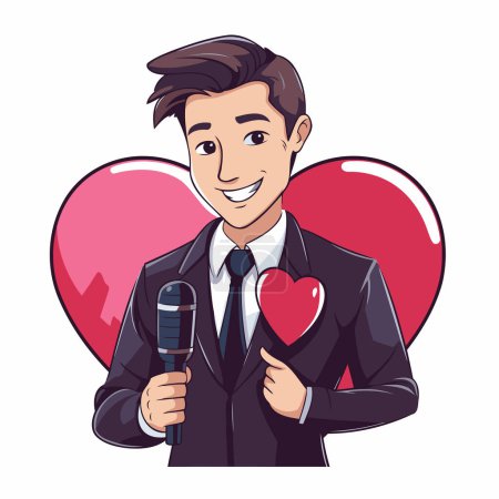 Illustration for Cartoon man holding a microphone and a heart. Vector illustration. - Royalty Free Image