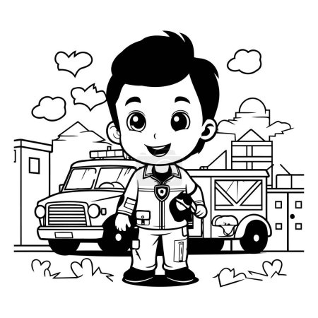 Téléchargez les illustrations : Mignon garçon avec voiture de police dessin animé dans la ville vectoriel illustration conception graphique - en licence libre de droit