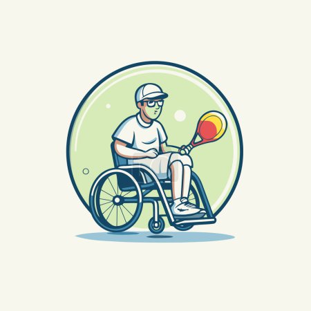 Téléchargez les illustrations : Homme handicapé dans un fauteuil roulant jouant au tennis. Illustration vectorielle. - en licence libre de droit