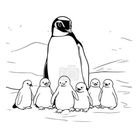 Illustration for Penguin family. sketch vector graphics monochrome illustration on a white background - Royalty Free Image