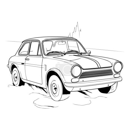 Illustration for Retro car on the road. Hand drawing. Vector illustration. - Royalty Free Image