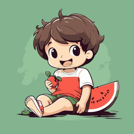 Ilustración de Lindo niño comiendo sandía. Ilustración vectorial en estilo de dibujos animados - Imagen libre de derechos