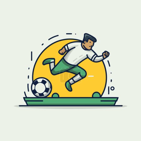 Illustration for Soccer player kicking the ball. Flat line design vector illustration. - Royalty Free Image