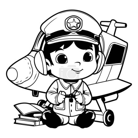 Téléchargez les illustrations : Joli petit garçon pilote avec avion et livres. Illustration vectorielle. - en licence libre de droit