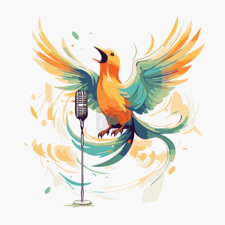 Illustration for Vector illustration of a bird singing on a microphone. Vector illustration. - Royalty Free Image