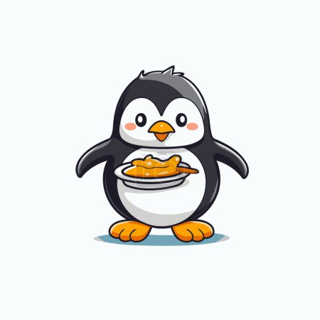 Téléchargez les illustrations : Mignon pingouin avec une assiette de nourriture. Illustration vectorielle. - en licence libre de droit