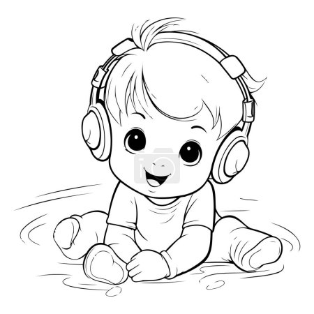 Illustration for Cute little baby boy with headphones. Vector illustration for coloring book. - Royalty Free Image