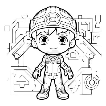 Ilustración de Ilustración de dibujos animados en blanco y negro de lindo niño bombero personaje para colorear libro - Imagen libre de derechos