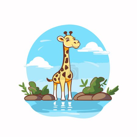 Téléchargez les illustrations : Girafe sur le lac. Illustration vectorielle de bande dessinée dans un style plat. - en licence libre de droit