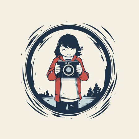 Illustration for Girl photographer with camera. vector illustration in grunge circle on white background. - Royalty Free Image