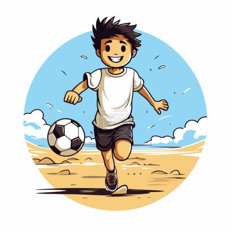 Illustration for Boy playing soccer on the beach. Vector illustration in cartoon style. - Royalty Free Image