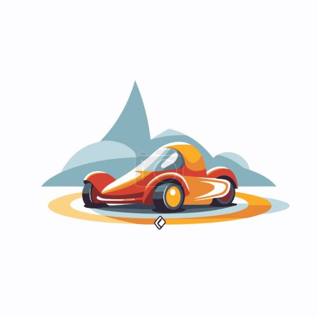 Illustration for Retro car on the road. Vector illustration in flat style. - Royalty Free Image