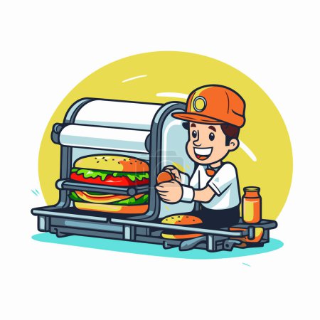 Téléchargez les illustrations : Service de livraison de hamburgers. Illustration vectorielle de dessin animé de la restauration rapide. - en licence libre de droit