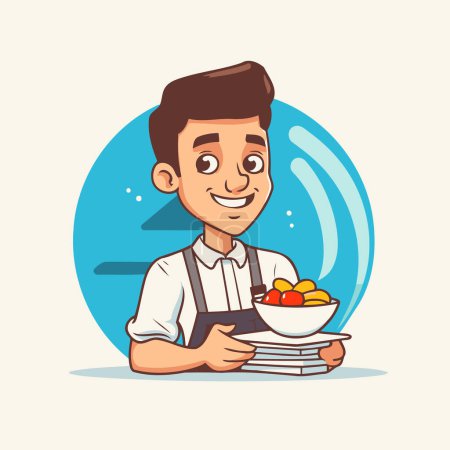 Illustration for Cheerful waiter holding bowl with fruits. Vector cartoon illustration. - Royalty Free Image