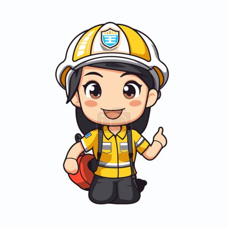 Téléchargez les illustrations : Fille pompier dessin animé avec casque. Illustration vectorielle sur fond blanc. - en licence libre de droit