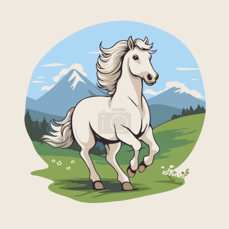 Illustration for White horse on the background of mountains. Vector illustration in retro style. - Royalty Free Image
