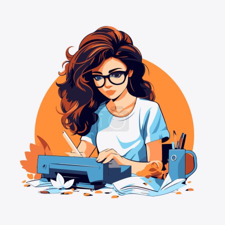 Ilustración de Ilustración vectorial de una joven hermosa en gafas trabajando en el ordenador. - Imagen libre de derechos