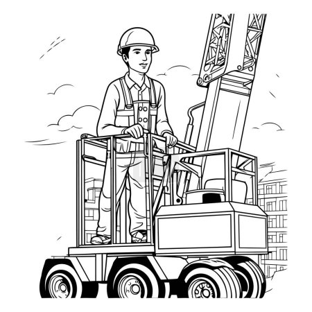 Téléchargez les illustrations : Travailleur de la construction avec grue dessin animé vectoriel illustration graphique en noir et blanc - en licence libre de droit