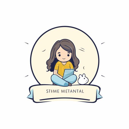 Illustration for Cute little girl sitting and reading a book. Vector illustration. - Royalty Free Image